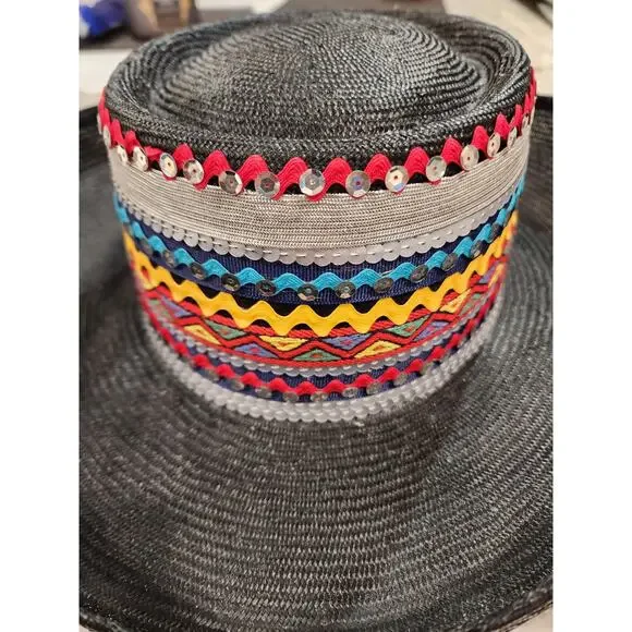 Vintage Southwest Statement Straw Hat Black Western Concho Festival Cowgirl Rare - Picture 13 of 13